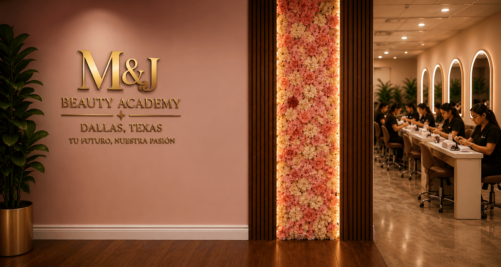 M&J Beauty Academy en Dallas, Texas — el logo dorado en la pared, un muro de flores y estudiantes practicando en el salón.
